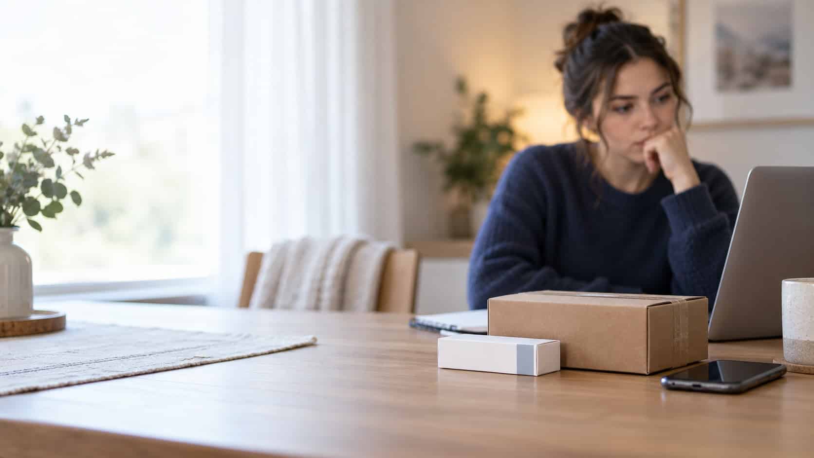 Woman sits at a laptop with medication packages and a phone on the table in front of her.